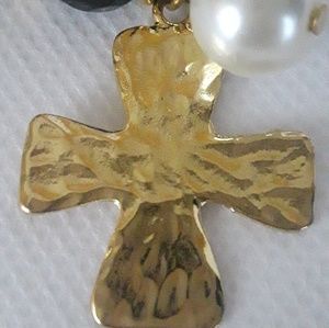 Handcrafted Black and Gold bracelet w Gold Cross